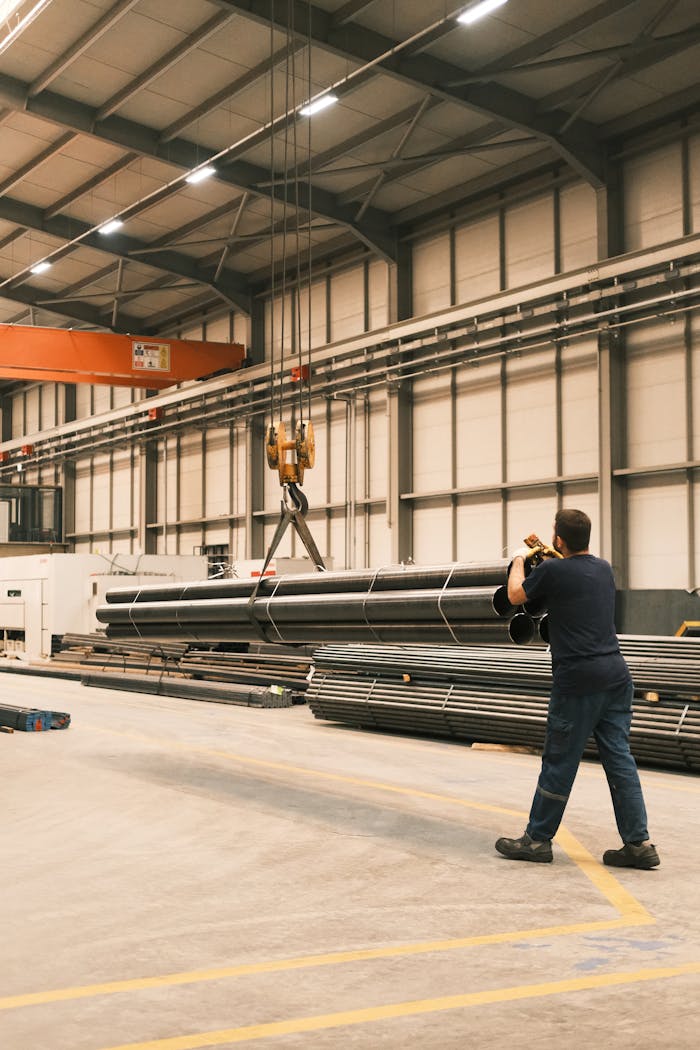 A worker operates an overhead crane in an industrial warehouse in Konya, Türkiye, lifting metal pipes.